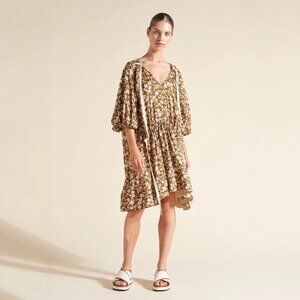$600 NWOT Lee Mathews Ariel Puff Sleeve Tunic Floral Dress Over Size Linen Silk
